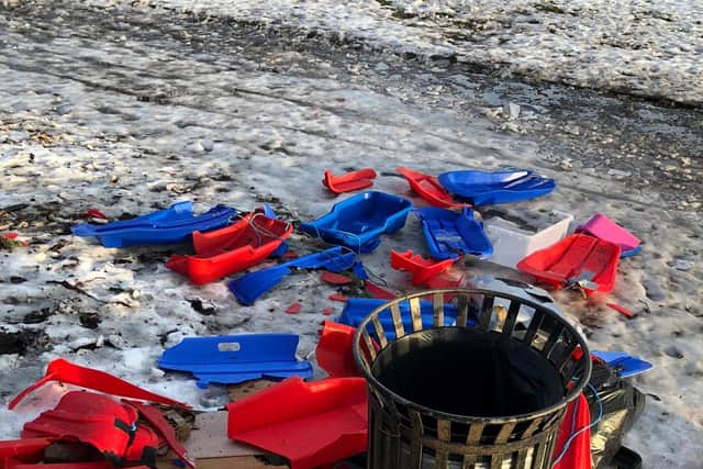 Photo taken of discarded sledges in Roundhay Park. Photo credit Thomas Bell.