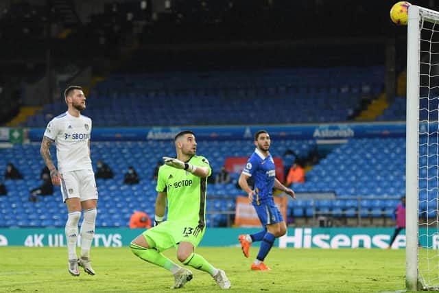 BLAMELESS: Leeds United 'keeper Kiko Casilla could do little about Brighton's only goal of the game or the Leandro Trossard shot that deflected on to the crossbar, above. Photo by Michael Regan/Getty Images.