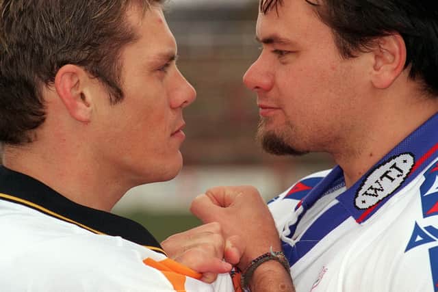 Castleford's Brad Davis, left, and Wakefield's Tony Kemp, square up ahead of a derby clash in 1999. Picture: Justin Lloyd.