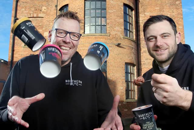 PICTURE: Co-founders and directors of Northern Bloc Dirk Mischendahl (left) and Josh Lee with tubs from the firm's vegan range.Picture: Lorne Campbell / Guzelian