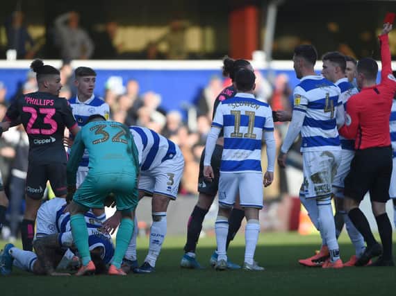 Leeds United midfielder Kalvin Phillips sees red at Queens Park Rangers. Pic: Bruce Rollinson