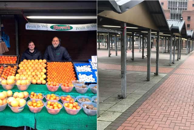 Damian Warner on Steve's Fruit and Veg stall at an almost empty Kirkgate Market.
