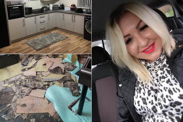 Farrah Marie Smith, 26, was forced to rip up her modern kitchen after discovering flooded waste under the floor from the leak.