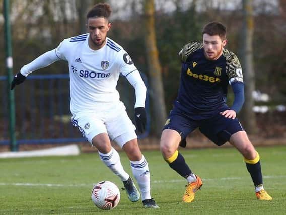 Leeds United's Tyler Roberts in action at Thorp Arch against Stoke City. Pic: LUFC