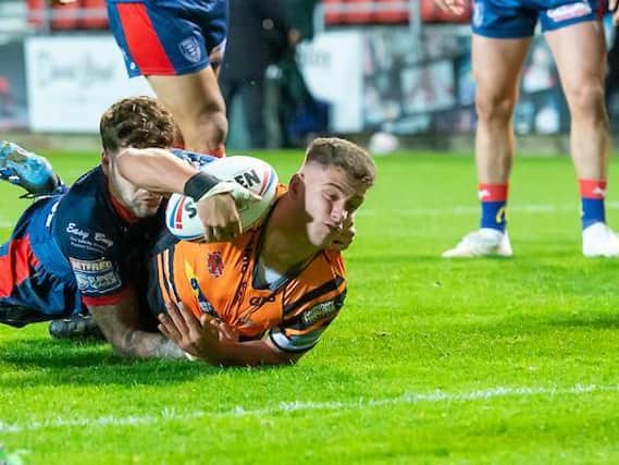 Jacques O'Neill scores against Hull KR in Tigers' win three months ago. Picture by Allan McKenzieSWpix.com.