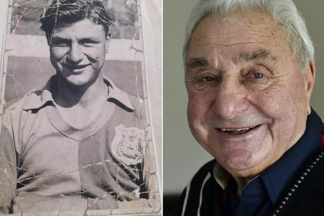 Eddie Beanland pictured (left) as a teenager after signing for Leeds United and (right) a few days before his 90th birthday.

Photo of Eddie now by Steve Riding.