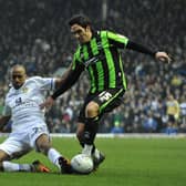 BACK AGAIN: Fabian Delph, left, challenges Brighton's Vicente as a Leeds United loanee from Aston Villa upon his Whites return in February 2012 in the 2-1 Championship defeat at Elland Road. Picture by PA Wire.