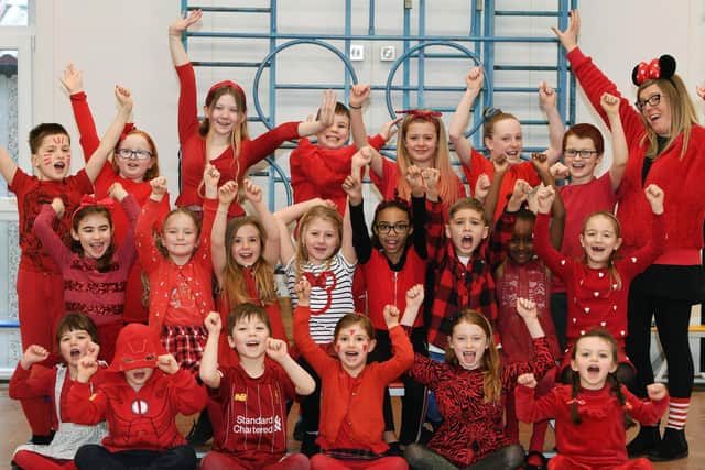Pupils from Kippax Greenfield Primary School pictured wearing red during last year's fundraiser. Picture: Jonathan Gawthorpe