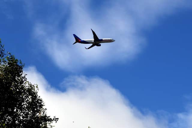 An aircraft takes off from Leeds Bradford Airport.