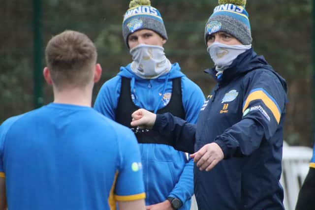 Rhinos coach Richard Agar makes a point during a training session at Kirkstall. Picture by Phil Daly/Leeds Rhinos.