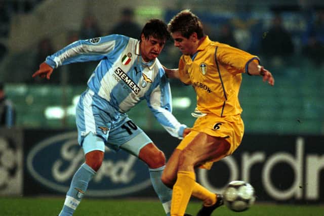 Jonathan Woodgate battles with Lazio's Hernan Crespo during the Champions League Group D stage two clash at the Stadio Olimpico in December 2000.