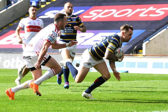 Richie Myler scores against Hull KR in 2020. Picture by Jonathan Gawthorpe.