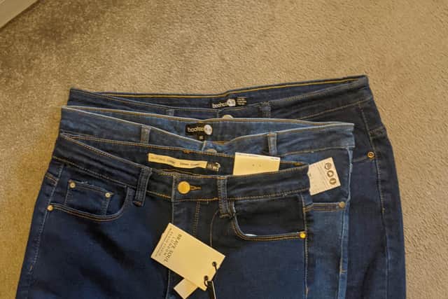 The jeans were all size 16 and ordered from online fashion giant, Boohoo (photo: SWNS)