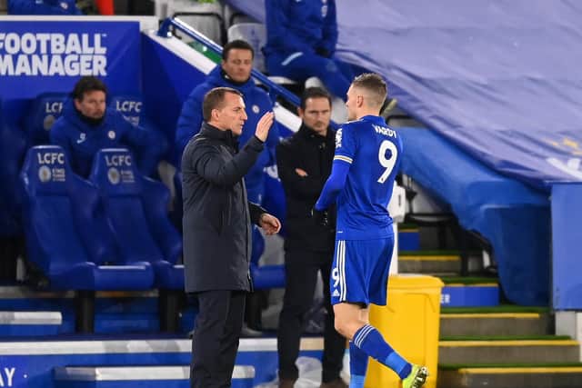 MINOR OPERATION: For Leicester City striker Jamie Vardy, right, pictured coming off in the 88th minute of Tuesday night's 2-0 win at home to Chelsea which at the time sent the Foxes top. Photo by Michael Regan/Getty Images.