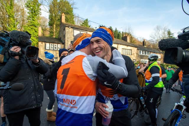 Kevin Sinfield MBE finishes his final 7 in 7 marathon in support of former Leeds Rhinos teammate Rob Burrow and the Motor Neurone Disease Association. Picture: Bruce Rollinson