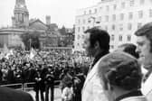 HEROES' RETURN: Former Whites manager Jimmy Armfield leads out the Leeds United team to greet supporters on the steps of the Civic Hall in Leeds following the 1975 European Cup final in Paris. Picture by YPN.