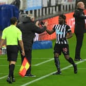 BACK IN THE SQUAD: Newcastle United's star man Allan Saint-Maximin, pictured celebrating with Magpies boss Steve Bruce after his strike in the 3-1 win at home to Burnley on October 3. Photo by Stu Forster/Getty Images.