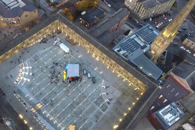 A still from drone footage of Halifax's Piece Hall by Conor MacMahon.