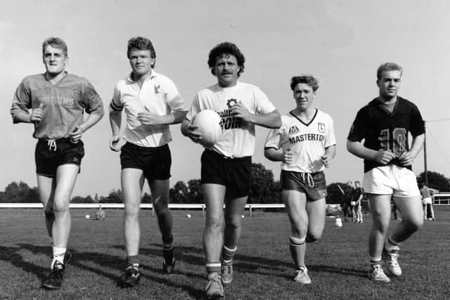 Leeds John Gallagher (second from left) in training. Picture: YPN.