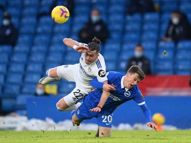 NO DWELLING: Leeds United winger Jack Harrison is challenged by Solly March during last weekend's 1-0 defeat at home to Brighton. Photo by Michael Regan/Getty Images.