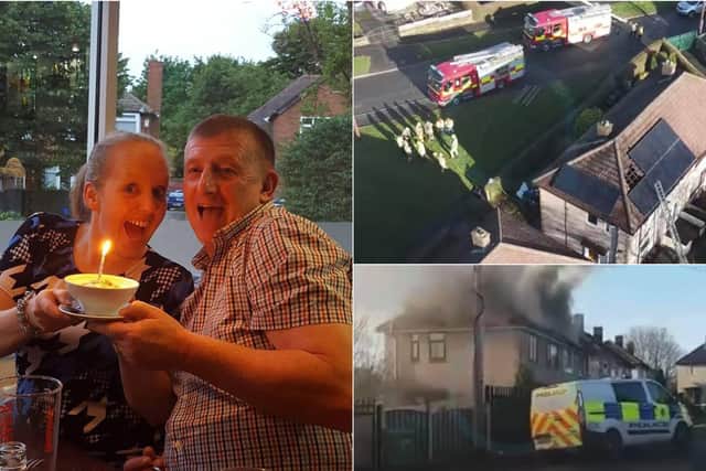 Left: Nina and Phil Howard and, right, some photos of the house fire
