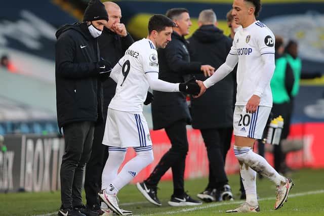 OPTIONS: Pablo Hernandez, left, replaces Rodrigo in the 59th minute of last month's 1-0 win at home to Burnley. Photo by Molly Darlington - Pool/Getty Images.