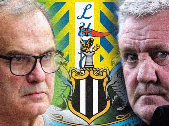 SECOND MEETING: Between Leeds United head coach Marcelo Bielsa, left, and Newcastle United boss Steve Bruce, right, of the 2020-21 Premier League season. Graphic by Graeme Bandeira.
