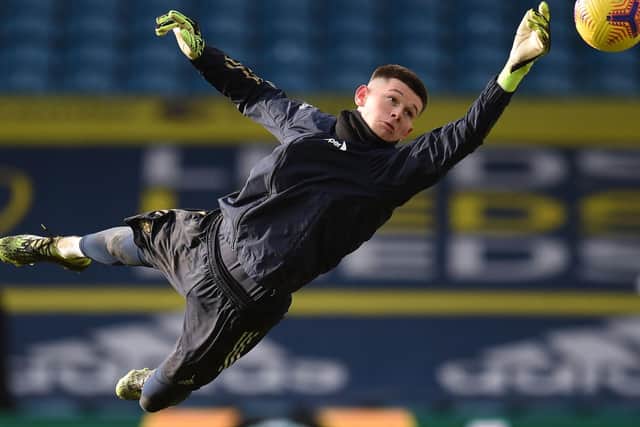 BACK IN BUSINESS: Leeds United goalkeeper Illan Meslier. Photo by OLI SCARFF/POOL/AFP via Getty Images.
