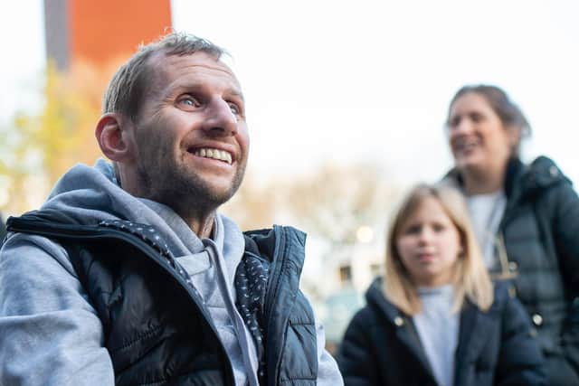 Rob Burrow with his family in Leeds to see a mural of himself painted on the wall on the Leeds University Student's building. (Allan McKenzie/SWpix.com)