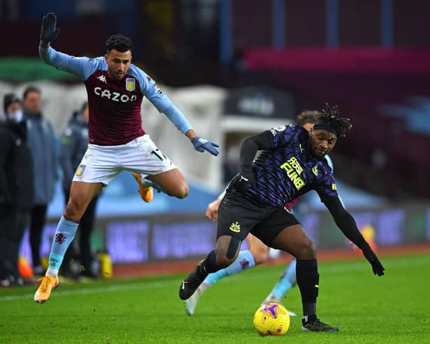 CAREFUL APPROACH: Magpies boss Steve Bruce says he must "box clever" with returning star winger Allan Saint-Maximin, pictured above against Aston Villa, after two months out. Photo by GARETH COPLEY/POOL/AFP via Getty Images.