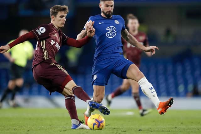 SOLE OUTING: For Leeds United defender Diego Llorente, left, came in December's 3-1 loss at Chelsea, above. Photo by Matthew Childs - Pool/Getty Images.