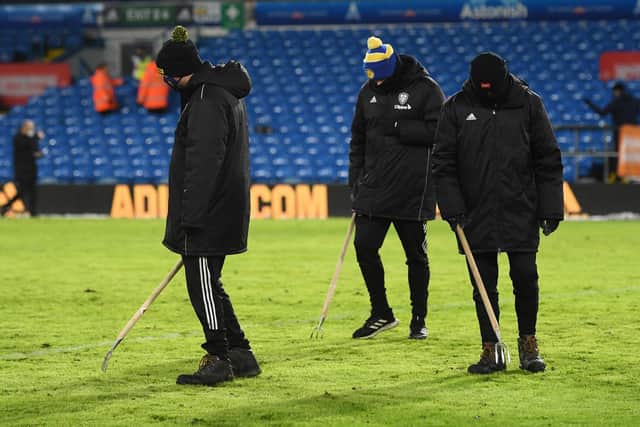 THE FINAL STRAW: Leeds United ground staff tend to the old Elland Road pitch before last weekend's clash against Brighton. The turf went in the bin a few days later. Photo by Michael Regan/Getty Images.