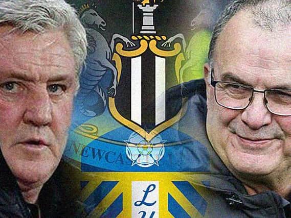 HEAD TO HEAD: Newcastle United boss Steve Bruce, left, and Leeds United head coach Marcelo Bielsa, right. Graphic by Graeme Bandeira.