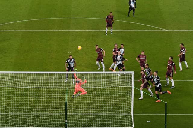 BIG SAVE - Leeds United goalkeeper Illan Meslier saving Jonjo Shelvey's header from a Newcastle United corner. Pic: Getty