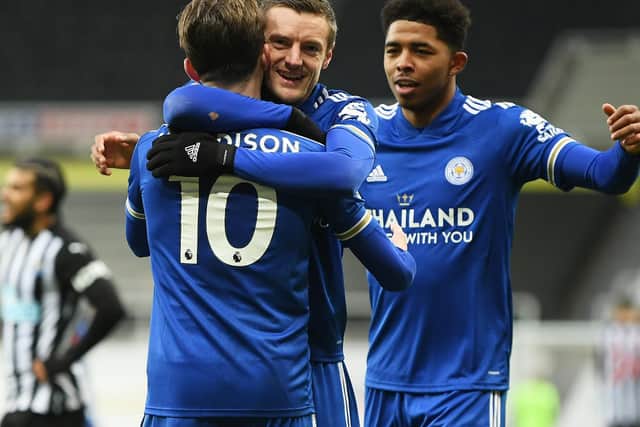 KEY TRIO: Leicester City's James Maddison, left, Jamie Vardy, centre, and Wesley Fofana, right. Photo by Michael Regan/Getty Images.