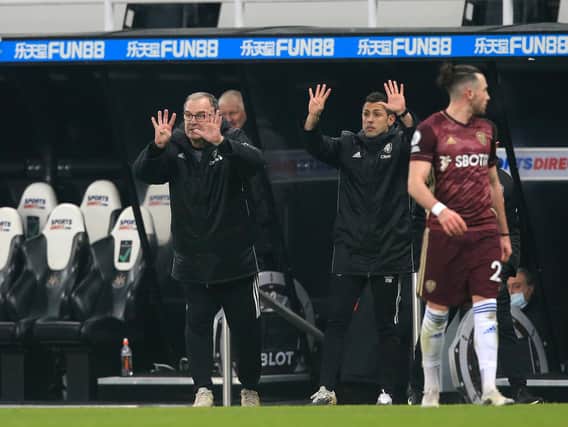 MAGPIES BOOST: Leeds United head coach Marcelo Bielsa, left, during Tuesday evening's 2-1 win against Newcastle United at St James' Park. Photo by Lindsey Parnaby - Pool/Getty Images.