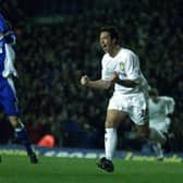 Robbie Fowler celebrates scoring his first goal for Leeds United. It came against Everton at Elland Road. PIC: Varley Picture Agency
