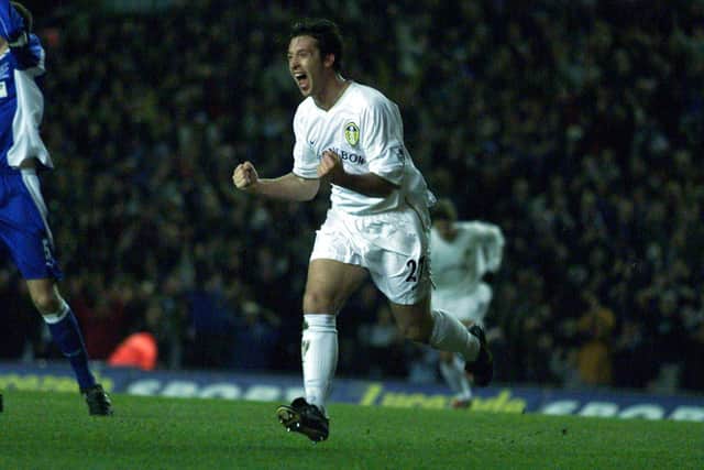 Robbie Fowler celebrates scoring his first goal for Leeds United. It came against Everton at Elland Road. PIC: Varley Picture Agency