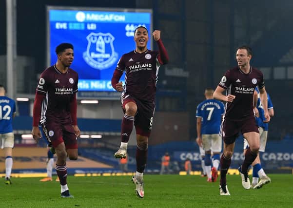 Leicester City's Youri Tielemans celebrates scoring against Everton on Wednesday night. Picture: Paul Ellis/PA Wire.