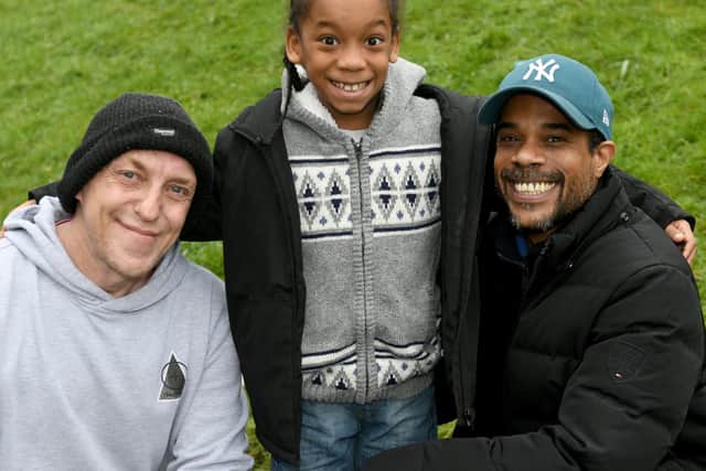 Lloyd 'Sketch' Herah (right) from Meanwood, Leeds, with son Aston-Leslie, seven,  and neighbour Peter Makin.

Photo: Gary Longbottom