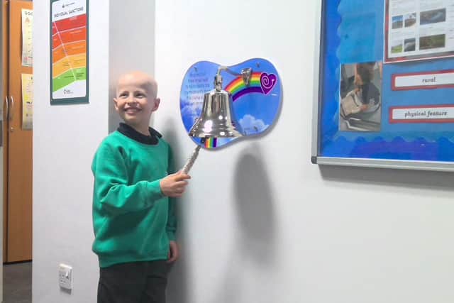 In a twist on the tradition, Kaiden gets to ring the cancer bell at school.