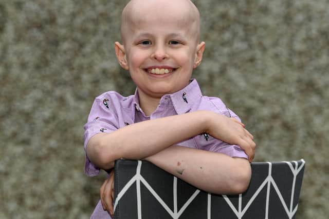 Kaiden Lumb, aged 10, who has been given the all-clear from a rare type of bone cancer.