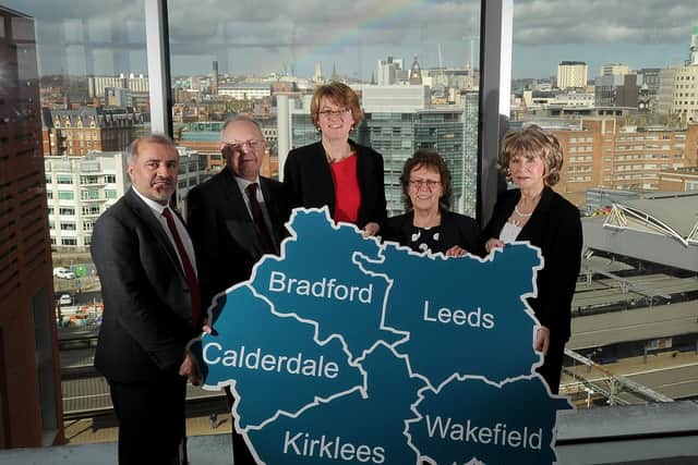 Devolution photocall with the leaders of the local councils, Granary Wharf, Leeds. Pictured from the left are Shabir Pandor (kirklees Council Leader), Tim Swift (Calderdale) Susan Hinchcliffe (Bradford) Judith Blake (Leeds) and Denise Jeffery (Wakefield). Photo: Simon Hulme