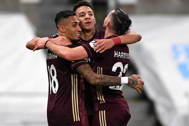 THREE MORE POINTS: Leeds United attacking triumvirate Raphinha, left, Rodrigo, centre, and Jack Harrison, right, celebrate Raphinha's opener in Tuesday evening's 2-1 triumph at Newcastle United. Photo by Stu Forster/Getty Images.