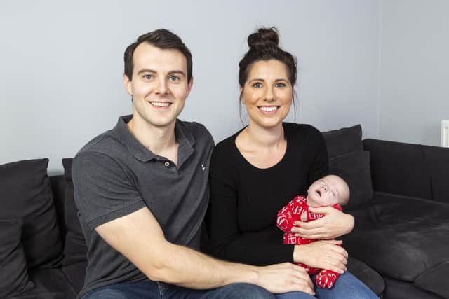 Dad Chris Burns, 30, and mum Emma Bailey, 33, with baby Archie, who was cared for on the neonatal unit at Leeds Children's Hospital. Picture: Lee McLean/SWNS