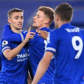 Leicester defender Timothy Castagne with Harvey Barnes and Jamie Vardy. Pic: Getty