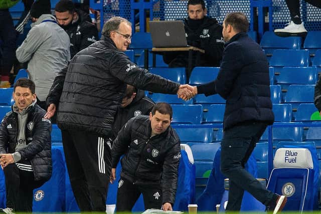 Marcelo Bielsa greets Frank Lampard at Stamford Bridge. Pic: Bruce Rollinson