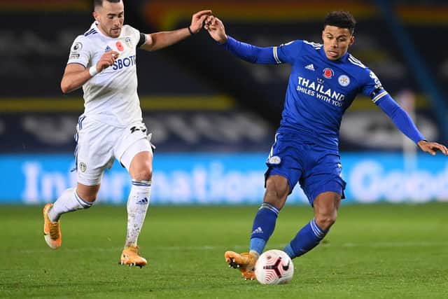 ADVENTUROUS: James Justin, right, pushes on from full-back for Leicester City but that could leave space in behind for Jack Harrison, left, and/or Raphinha. Photo by Michael Regan/Getty Images.