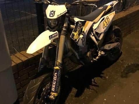 A dirt bike seized by police at Halloween 2020.