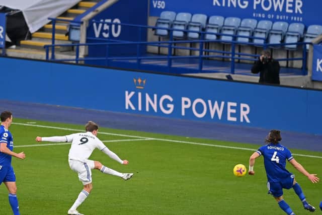 WONDER GOAL - Patrick Bamford thrashed the ball into the top corner of the net to make it 2-1 before setting up Jack Harrison for Leeds United's third at Leicester City. Pic: Getty